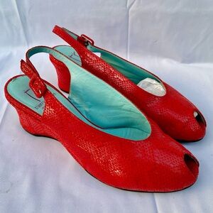 Thierry Rabotin Snakeskin-Embossed Leather Peep-Toe Slingback Wedge Heels 37-1/2